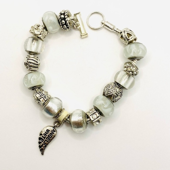 Charm Bracelet White Glass Beads Silver Tone 8” - Picture 3 of 5